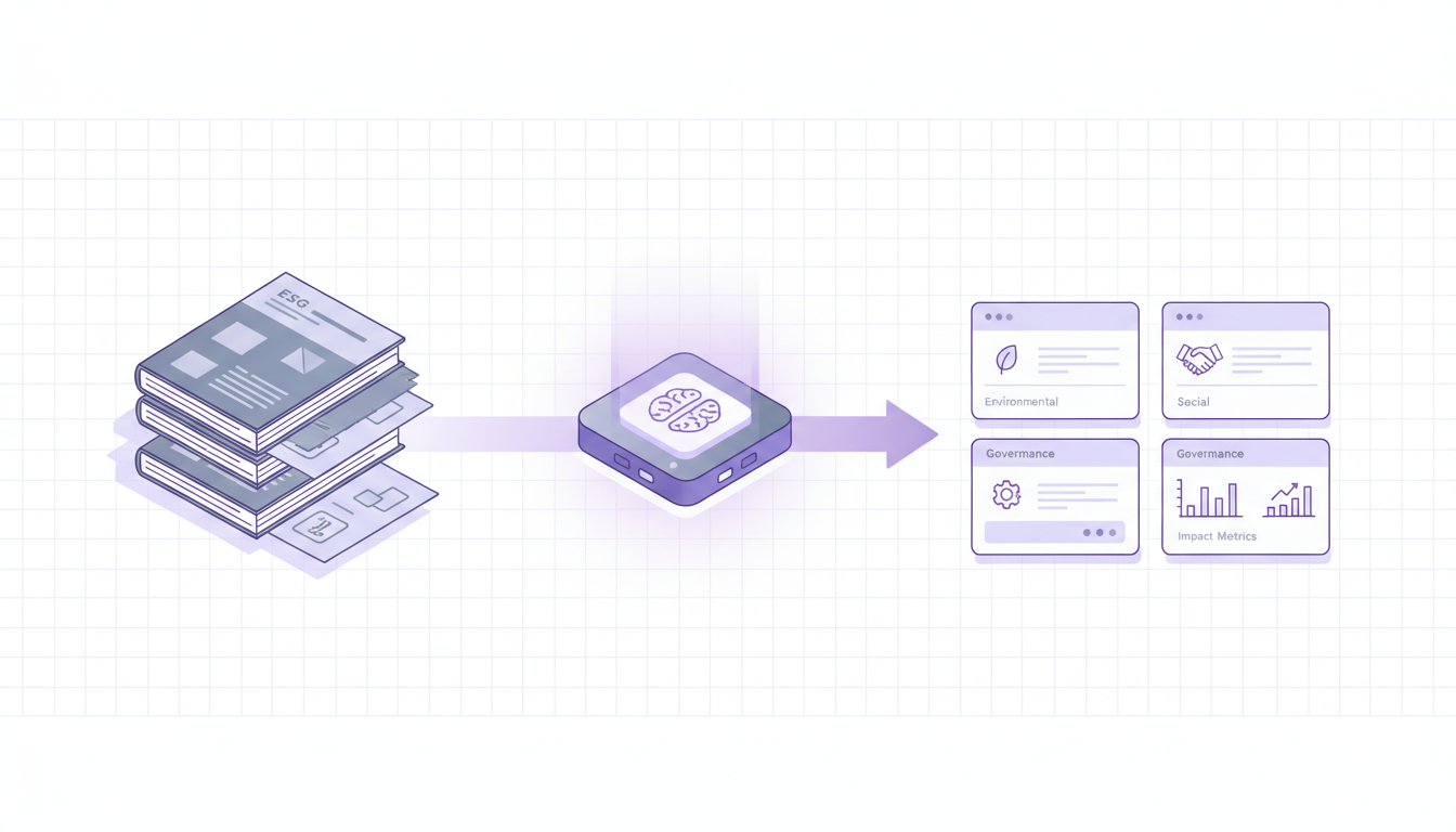 Raydocs illustration showing several ESG reports turning into structured, traceable metrics