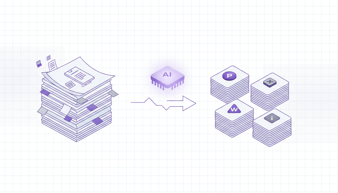 Illustration showing one mixed PDF packet turning into several clean document outputs