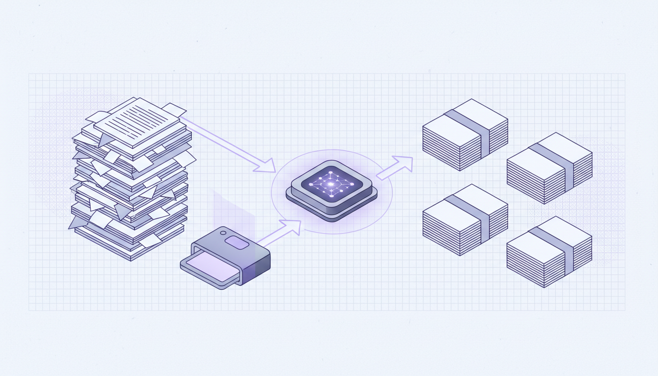 Isometric illustration of one PDF packet being split into several distinct documents by Raydocs