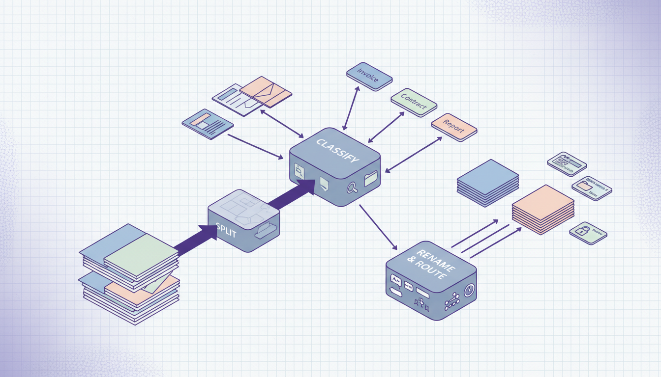 Raydocs can handle one mixed PDF as a full pipeline: split, classify, rename, and route in the same workflow.